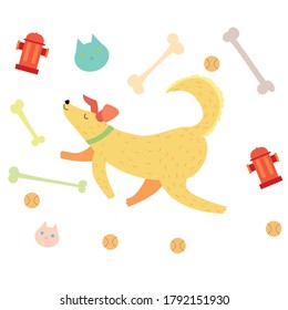 
the dog dreams of hydrants, balls and bones. dog runs in a dream. stock vector image on a white background. cute children's illustration.