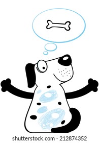 Dog dreams logo. Dreaming and thinking cat, fish in dialog cloud. Pets food business sign. Colored vector illustration.  Abstract isolated graphic design template. T shirt image concept.