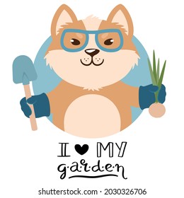 Dog dressed in boots and glasses holding shovel and onion signed I love my garden. Cute cartoon character and a handwritten slogan. Flat style vector illustration. Suitable for icon, logo, label