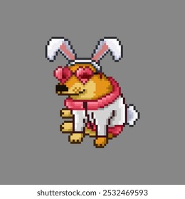 Dog dressed as a bunny, pixel art meme