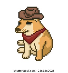 Dog dressed as a cowboy, pixel art meme