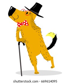 A dog dressed as a gentleman in pince-nez and walking stick. Vintage suit and accessories. Vector illustration with cartoon dog and retro objects