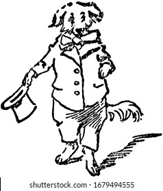 A dog is dressed up and holding hat, vintage line drawing or engraving illustration