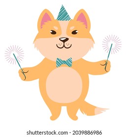 Dog dressed in a party hat and bow tie holding out sparklers. Cute cartoon character. Flat style vector illustration. Suitable for icon, logo, label, sticker, clipart, t-shirt print.