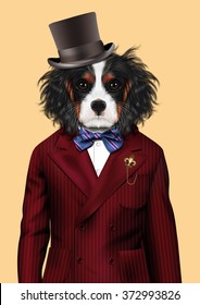 Dog dressed up in red tuxedo and hat. Fashion vector illustration of Cavalier King Charles Spaniel