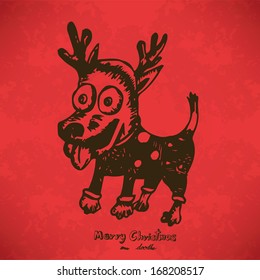 Dog dressed up in reindeer antlers Hand drawn outline artwork on red grunge background, Vector Eps10