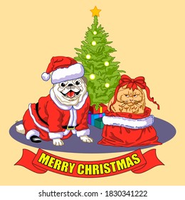 Dog dressed in Santa Claus costume celebrates with the cat at Christmas.