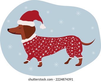 Perro vestido de Santa. Dachshund. Tarjeta de Navidad. Ilustración vectorial de alta calidad.