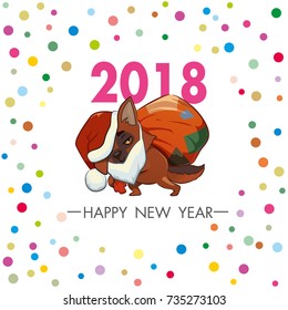 Dog Dressed In A Santa Suit. Square Greeting Card With The Symbol Of 2018