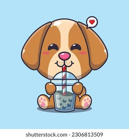 dog drink boba milk tea cartoon vector illustration.