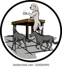 a dog drinking coffee with two horses