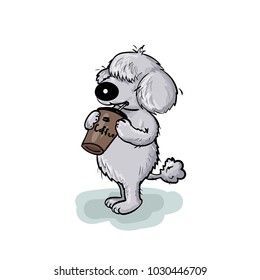 Dog drinks a coffee