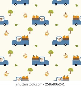 Dog drive truck orange cartoon so cute. On tree leaf orange juice background. Pattern seamless vector illustration. 