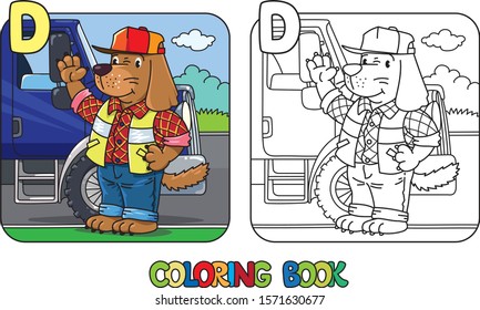 Dog driver ABC coloring book. Alphabet D