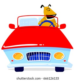 The dog is driving a car. Cute smiling  pet in red auto. Vector illustration in cartoon style with dog driver