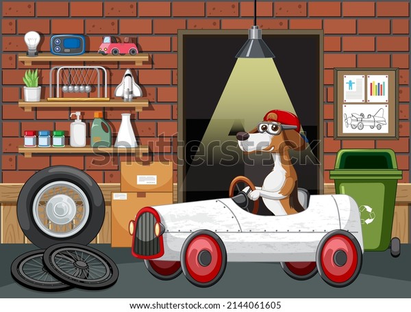 Dog driving car in\
garage illustration