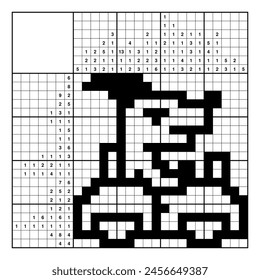 Dog is driving a car. Nonogram, japanese crossword, educational game. Black and white, 20x20. Logical solution. Structured customizable EPS.