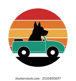 cão dirigindo uma silhueta de carro na arte retro da ilustração de fundo vintage 