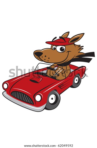 Dog driving a classic\
car.