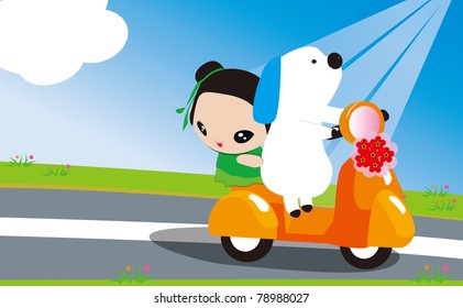Dog driving a motorcycle to travel with a little girl
