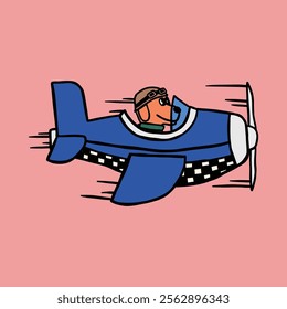 dog driving a plane cute retro cartoon illustration