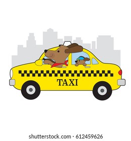 A dog is driving a taxi in New York. His child is riding in the back seat