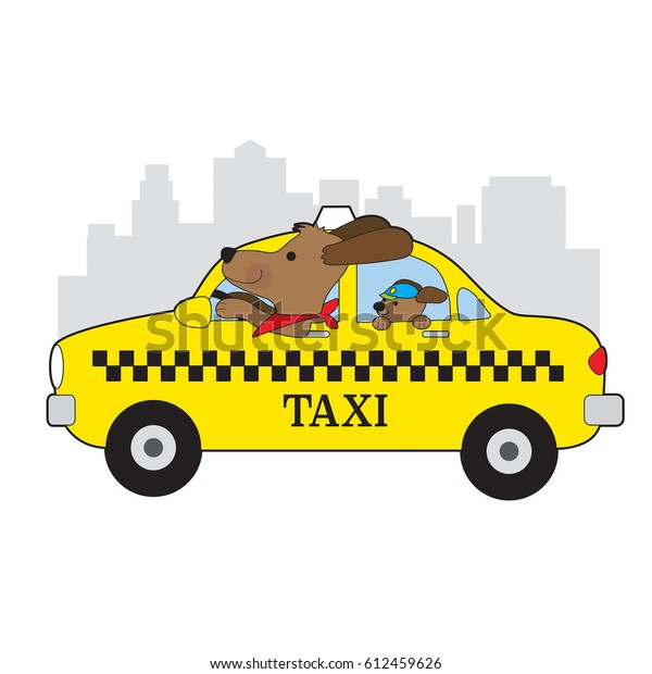 A dog is driving a taxi in New York. His child is\
riding in the back seat