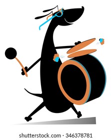 Dog drummer. Comic dog beats the drum and kettledrums 