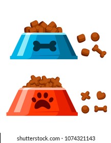 Dog dry food bowl. Bone shaped crisps. Red and blue pet bowl with dry food. Vector illustration isolated on white background. Web site page and mobile app design.