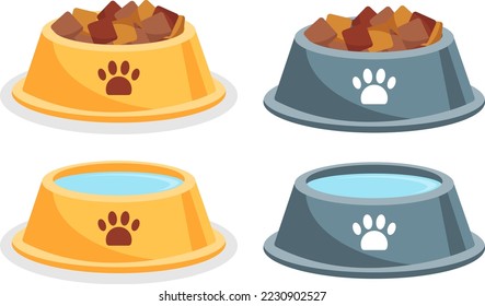 Cuenco de comida seca para perros. Cunas óseas. Cuenco de mascotas amarillo y gris con comida seca. Cuenco de comida para perros secos. Vector.