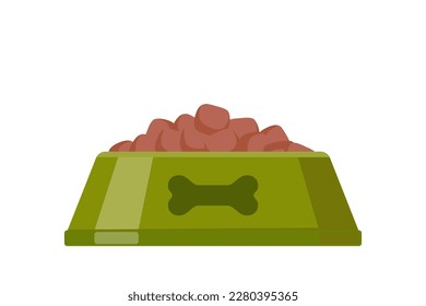 Dog dry food bowl  Bowl and bone drawing it  Green pet bowl and dry food  Vector illustration