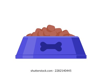 Dog dry food bowl  Bowl and bone drawing it  Violet pet bowl and dry food  Vector illustration