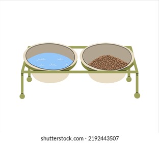 Comida seca para perros y tazón de agua. Ilustración de estilo plano aislada en fondo blanco.Vector, ilustración de dibujos animados. Dos tazones en un estrado