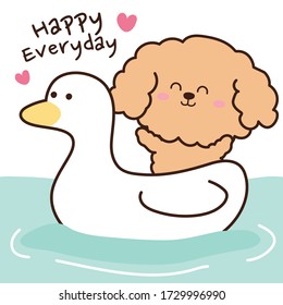 Perro con la mano de un bote de pato dibujado en caricatura. Feliz texto diario. Doodle animal. Kawaii.Vector.Ilustración.