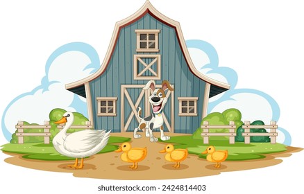 Dog, duck, and ducklings in front of barn