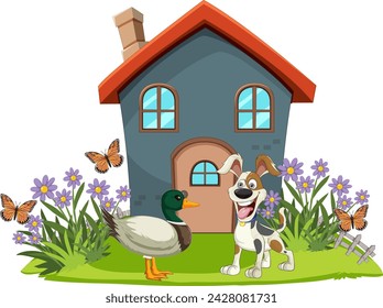 Dog and duck in front of a small cartoon house