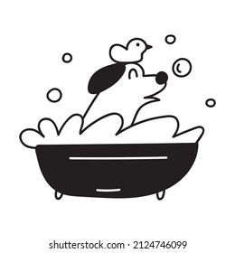 Dog with duck on his had taking a bath. Outline icon. Vector illustration.