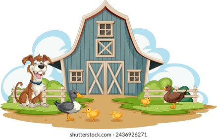 Dog, ducks, and chicks outside a barn