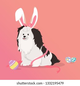 Dog as easter hare with easter eggs.