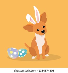 Dog as easter hare with easter eggs.