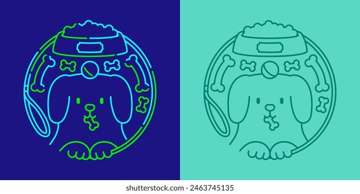 Dog eat snacks, food, ball and bone in circle frame shape by dog leash logo icon editable stroke dash line doodle design minimal illustration isolated 2 tones on dark blue and green color background 