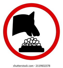 Dog eating food from bowl, red round information sign on white background, vector illustration