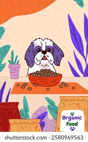 Dog eating organic food cute pet scene colorful plants playful design vibrant colors home decor