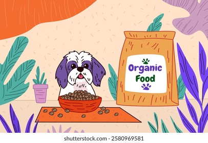 Dog eating organic pet food in colorful setting with plants. Cute dog beside bowl and food bag on orange mat surrounded by vibrant leaves. Website banner