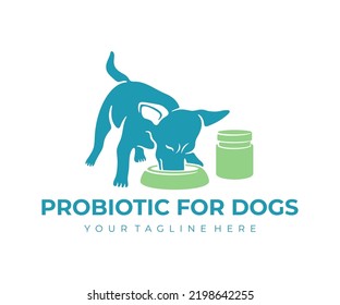 Dog eats from a bowl, animal and pet, probiotic for dogs, logo design. Dog meals, dog food, veterinary, care behind pets and pet shop, vector design and illustration