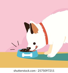 Dog eats food from a bowl. Domestic pet. Cartoon cute puppy happily eating dog food. Vector flat illustration.