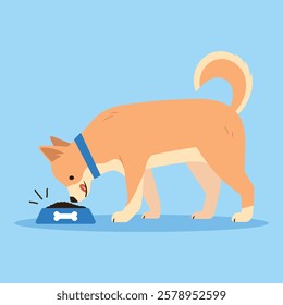 Dog eats food from a bowl. Domestic pet. Cartoon cute puppy happily eating dog food. Hungry big dog. Vector flat illustration.