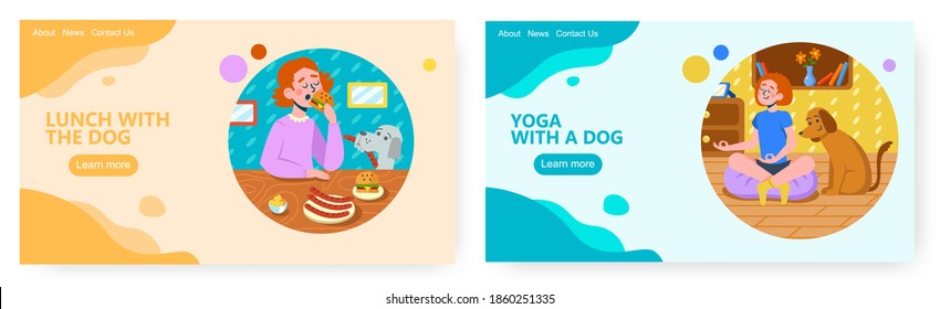 Dog eats sausage with her owner from dinning table. Home pet vector illustration. Woman is doing yoga meditation next to her dog. Animal lover lifestyle