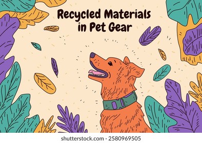 Dog with eco-friendly collar surrounded by colorful leaves highlights sustainability in pet products. Vibrant earthy tones with playful design elements