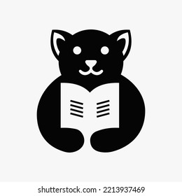 Dog Education Logo Negative Space Concept Vector Template. Dog Holding Book Symbol
